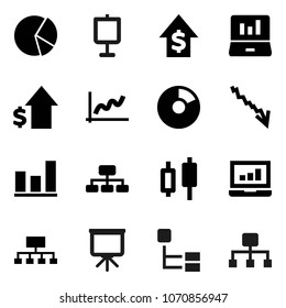 Flat vector icon set - presentation vector, graph, pie, japanese candle, laptop, crisis, dollar growth, hierarchy