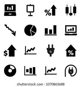 Flat vector icon set - presentation vector, graph, pie, japanese candle, laptop, crisis, percent growth, dollar, power plug