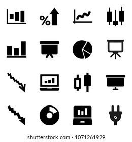 Flat vector icon set - presentation vector, graph, pie, japanese candle, laptop, crisis, percent growth, board, power plug