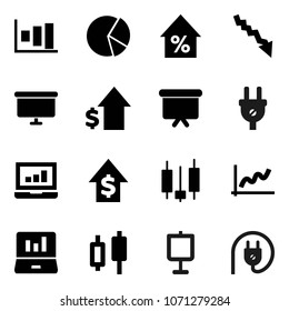 Flat vector icon set - presentation vector, graph, pie, japanese candle, laptop, crisis, percent growth, dollar, board, power plug