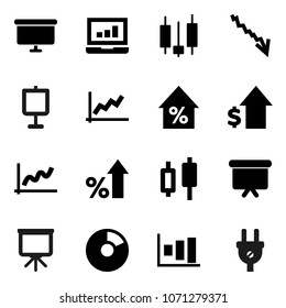 Flat vector icon set - presentation vector, graph, pie, japanese candle, laptop, crisis, percent growth, dollar, board, power plug