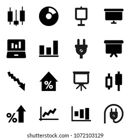 Flat vector icon set - presentation vector, graph, pie, japanese candle, laptop, crisis, percent growth, board, power plug