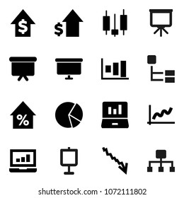 Flat vector icon set - presentation vector, graph, pie, japanese candle, laptop, crisis, percent growth, dollar, board, hierarchy