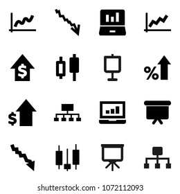 Flat vector icon set - presentation vector, graph, japanese candle, laptop, crisis, percent growth, dollar, board, hierarchy