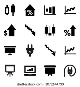 Flat vector icon set - presentation vector, graph, japanese candle, laptop, crisis, percent growth, dollar, board, power plug