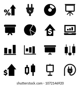 Flat vector icon set - presentation vector, graph, pie, japanese candle, laptop, percent growth, dollar, board, power plug