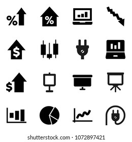 Flat vector icon set - presentation vector, graph, pie, japanese candle, laptop, crisis, percent growth, dollar, board, power plug