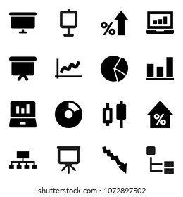Flat vector icon set - presentation vector, graph, pie, japanese candle, laptop, crisis, percent growth, board, hierarchy