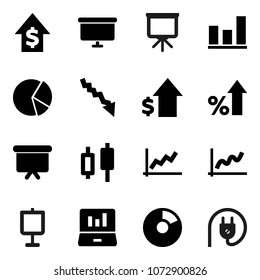 Flat vector icon set - presentation vector, graph, pie, japanese candle, laptop, crisis, percent growth, dollar, board, power plug