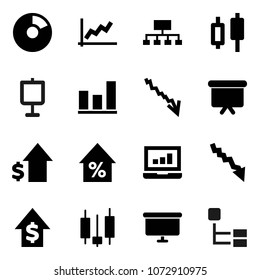 Flat vector icon set - presentation vector, graph, pie, japanese candle, laptop, crisis, percent growth, dollar, board, hierarchy