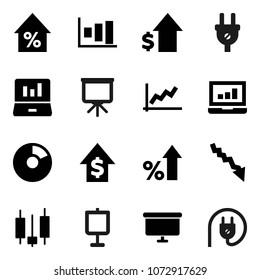 Flat vector icon set - presentation vector, graph, pie, japanese candle, laptop, crisis, percent growth, dollar, board, power plug