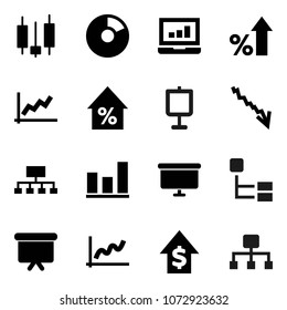 Flat vector icon set - presentation vector, graph, pie, japanese candle, laptop, crisis, percent growth, dollar, board, hierarchy