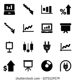 Flat vector icon set - presentation vector, graph, pie, japanese candle, laptop, crisis, percent growth, dollar, board, power plug