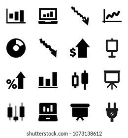 Flat vector icon set - presentation vector, graph, pie, japanese candle, laptop, crisis, percent growth, dollar, board, power plug