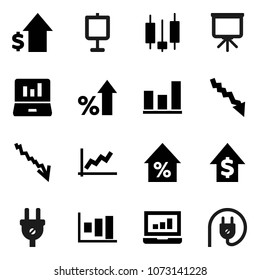 Flat vector icon set - presentation vector, graph, japanese candle, laptop, crisis, percent growth, dollar, power plug