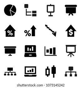 Flat vector icon set - presentation vector, graph, pie, japanese candle, laptop, crisis, percent growth, dollar, board, hierarchy