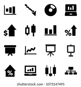 Flat vector icon set - presentation vector, graph, pie, japanese candle, laptop, crisis, percent growth, dollar, board, hierarchy