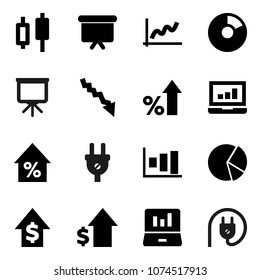 Flat vector icon set - presentation vector, graph, pie, japanese candle, laptop, crisis, percent growth, dollar, board, power plug