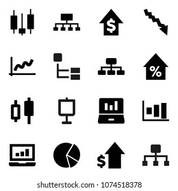 Flat vector icon set - presentation vector, graph, pie, japanese candle, laptop, crisis, percent growth, dollar, hierarchy