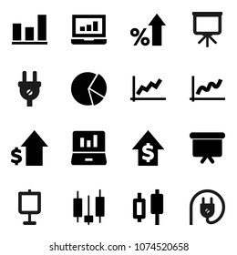 Flat vector icon set - presentation vector, graph, pie, japanese candle, laptop, percent growth, dollar, board, power plug