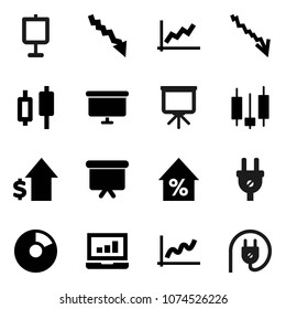 Flat vector icon set - presentation vector, graph, pie, japanese candle, laptop, crisis, percent growth, dollar, board, power plug