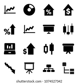 Flat vector icon set - presentation vector, graph, pie, japanese candle, laptop, crisis, percent growth, dollar, board, hierarchy