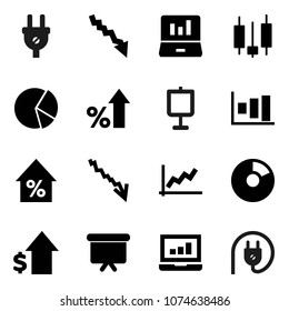 Flat vector icon set - presentation vector, graph, pie, japanese candle, laptop, crisis, percent growth, dollar, board, power plug