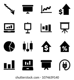 Flat vector icon set - presentation vector, graph, pie, japanese candle, laptop, crisis, percent growth, dollar, board, power plug