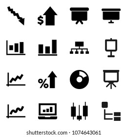 Flat vector icon set - presentation vector, graph, pie, japanese candle, laptop, crisis, percent growth, dollar, board, hierarchy