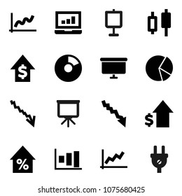 Flat vector icon set - presentation vector, graph, pie, japanese candle, laptop, crisis, percent growth, dollar, board, power plug