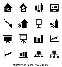 Flat vector icon set - presentation vector, graph, japanese candle, laptop, crisis, percent growth, dollar, board, hierarchy
