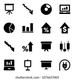 Flat vector icon set - presentation vector, graph, pie, japanese candle, laptop, crisis, percent growth, dollar, board, power plug