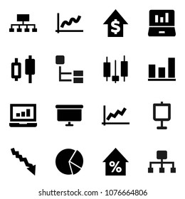 Flat vector icon set - presentation vector, graph, pie, japanese candle, laptop, crisis, percent growth, dollar, board, hierarchy