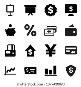 Flat vector icon set - presentation vector, graph, credit card, piggy bank, dollar growth, check, board, medal, monitor, yen sign, wallet, percent, shield