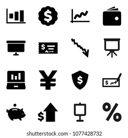 Flat vector icon set - presentation vector, graph, laptop, wallet, crisis, piggy bank, dollar growth, check, board, medal, shield, yen sign, percent