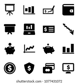Flat vector icon set - presentation vector, dollar coin, graph, laptop, credit card, wallet, crisis, piggy bank, check, receipt, board, shield, monitor