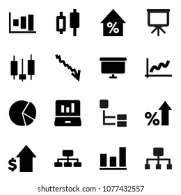 Flat vector icon set - presentation vector, graph, pie, japanese candle, laptop, crisis, percent growth, dollar, board, hierarchy