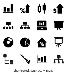 Flat vector icon set - presentation vector, graph, pie, japanese candle, laptop, crisis, percent growth, dollar, board, hierarchy