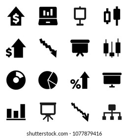 Flat vector icon set - presentation vector, graph, pie, japanese candle, laptop, crisis, percent growth, dollar, board, hierarchy