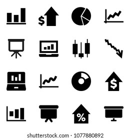 Flat vector icon set - presentation vector, graph, pie, japanese candle, laptop, crisis, percent growth, dollar, board