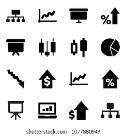 Flat vector icon set - presentation vector, graph, pie, japanese candle, laptop, crisis, percent growth, dollar, board, hierarchy