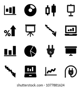 Flat vector icon set - presentation vector, graph, pie, japanese candle, laptop, crisis, percent growth, board, power plug