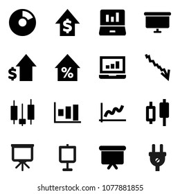 Flat vector icon set - presentation vector, graph, pie, japanese candle, laptop, crisis, percent growth, dollar, board, power plug