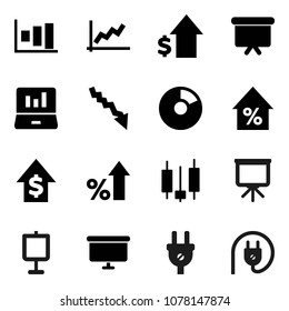 Flat vector icon set - presentation vector, graph, pie, japanese candle, laptop, crisis, percent growth, dollar, board, power plug
