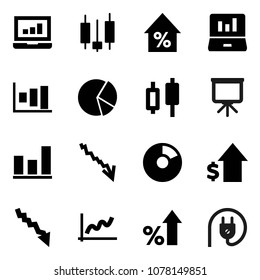 Flat vector icon set - presentation vector, graph, pie, japanese candle, laptop, crisis, percent growth, dollar, power plug