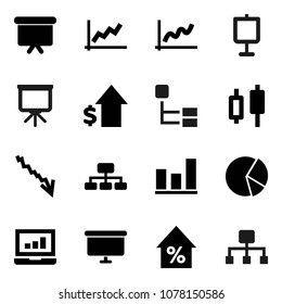 Flat vector icon set - presentation vector, graph, pie, japanese candle, laptop, crisis, percent growth, dollar, board, hierarchy