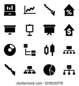 Flat vector icon set - presentation vector, graph, pie, japanese candle, laptop, crisis, percent growth, dollar, board, hierarchy