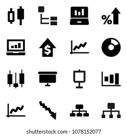 Flat vector icon set - presentation vector, graph, pie, japanese candle, laptop, crisis, percent growth, dollar, board, hierarchy
