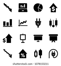 Flat vector icon set - presentation vector, graph, pie, japanese candle, laptop, crisis, percent growth, dollar, board, power plug