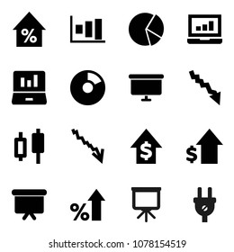 Flat vector icon set - presentation vector, graph, pie, japanese candle, laptop, crisis, percent growth, dollar, board, power plug